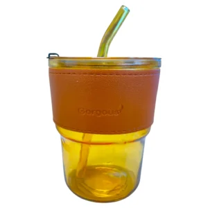 Kubek szklany z pokrywką i szklaną słomką brązowy 380ml