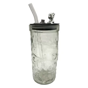 Kubek szklany z pokrywką z misiem i szklaną słomką przeźroczysty 380ml