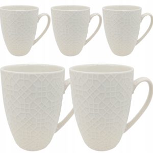 KUBKI PORCELANOWE KUBEK BIAŁE KREMOWE WZÓR GEOMETRYCZNY ZESTAW 5 SZTUK