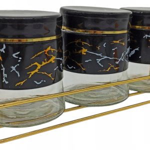 ZESTAW POJEMNIKÓW SZKLANYCH SŁOICZKÓW ZŁOTE KRESKI Z METALOWĄ ZŁOTĄ PÓŁKĄ