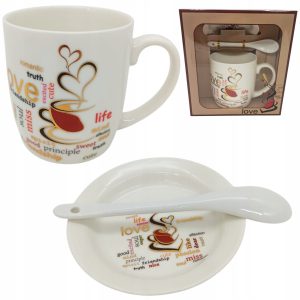 KUBEK CERAMICZNY DO KAWY Z SPODKIEM I ŁYŻECZKĄ W OZDOBNYM PUDEŁKIEM PREZENT