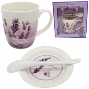 KUBEK CERAMICZNY KOLOROWY LAWENDA Z OZDOBNYM PUDEŁKIEM PREZENTOWYM